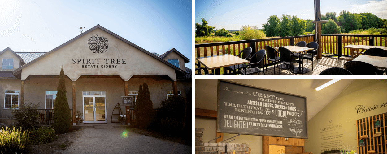 A collage of pictures of Spirit Tree - the building, the patio and inside the shop